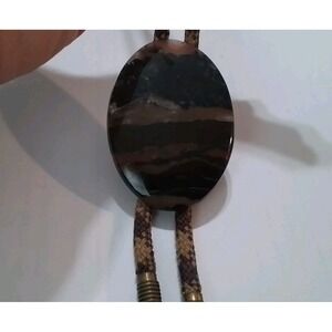 Bolo Tie, flat oval shaped agate stone with brown & gold braided rope & gold tip